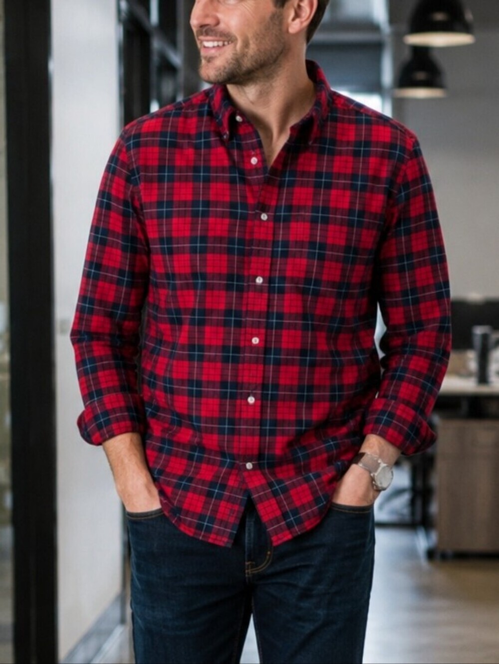 UNTUCKit Plaid Button Up Shirt Men's Large Slim Fit Red Navy 100% Cotton Casual